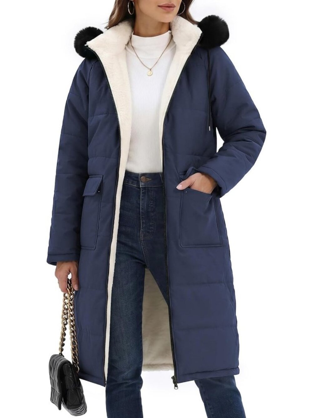 Cozy Women's Long Winter Coat, Faux Fur Lined Puffer Jacket with Hood